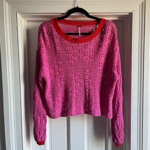 Unique Free People Red Lined Knit Pullover Sweater